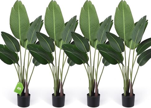 Crowye 4 Pack 4 FT Artificial Bird of Paradise Plant, Travelers Fake Palm Tree Banana Tree Artificial Plant with Flexible Trunks, Faux Banana Leaf Tree with Plastic Pot for Indoor Outdoor in Kuwait