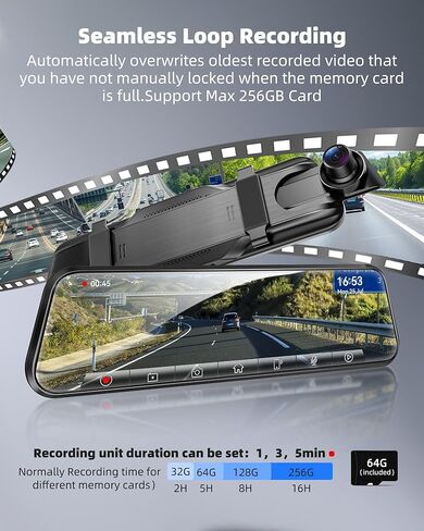 كاميرا Dash Smart Mirror مع CarPlay و Android Auto ، 10 "2.5 كيلو مقابلة من الكاميرا المرآة الخلفية مع التحكم الصوتي للسيارات والشاحنات ، شاشة WDR/اللمس/مواقف السيارات/مساعدة عكسية/64 جيجابايت بطاقة in Kuwait