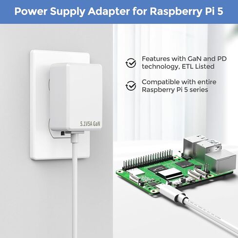 27W Power Supply Adapter for Raspberry Pi 5, USB-C 5.1V/5A PD Power Supply for Rasp Pi 5, GaN PD Power Supply Unit in Saudi Arabia