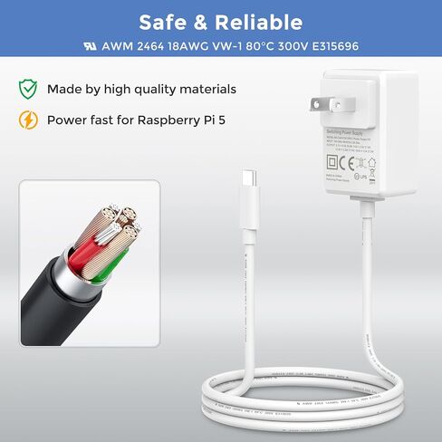 27W Power Supply Adapter for Raspberry Pi 5, USB-C 5.1V/5A PD Power Supply for Rasp Pi 5, GaN PD Power Supply Unit in Saudi Arabia