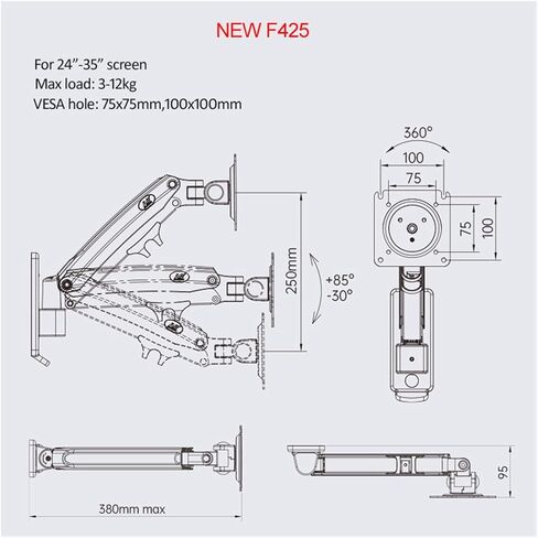 F425 27-45 "Gas Spring Big TV Mount Mount Argn Monitor Monitor Monitor Moniter Aluminium Arm Bracket Arm Movable Arm 3-12kg Arm One (F425) in Kuwait