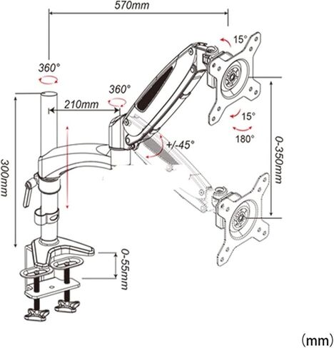 GST112 الألومنيوم 27 "5-16 كجم 360 تدوير 2 ذراع المشبك GROMMET غاز غاز غاز غاز LCD شاشة شاشة سطح المكتب مع القطب (GST112G-A) in Kuwait
