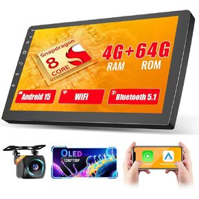 [Qualcomm] Hikity 8 Core 4+64GB Android 15 Double Din Car Stereo Wireless Carplay Android Auto, 10.1 Inch Touchscreen Car Radio with GPS Bluetooth WiFi Backup Cam DSP/FM/RDS SWC Mic