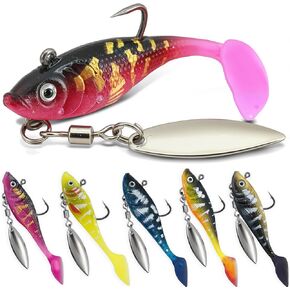 5pc Pre-Rigged Swim Baits for Bass Fishing - Jig Heads Soft Plastic Walleye Lures, Paddle Tail Swimbaits with Spinner Blades for Bass, Crappie & Trout Lures, Fishing Bait for Saltwater & Freshwater