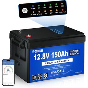 DC HOUSE 12V 150Ah LiFePO4 Lithium Battery with SOC Status Indicators, Bluetooth & Low Temp Cut-off, 12V Lithium Battery up to 15000 Cycles, 120A BMS Perfect for Trolling Motors, Marine, Boat, Solar