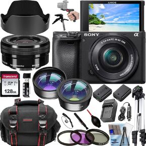 Sony a6400 24.1MP 4K Video Recording Camera with Sony E PZ 16-50mm f/3.5-5.6 OSS Lens, Tripod, 128GB Memory+Deluxe Accessory Bundle (Renewed), Black