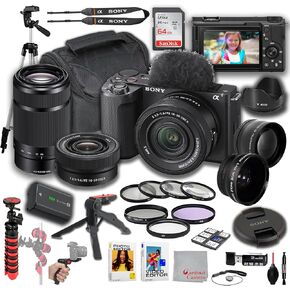 Sony ZV-E10 II Camera + Sony 16-50mm Lens + Sony E 55-210mm, Wide Angle and Telephoto Lens, 64GB Memory, Filters, Tripod Kit, Deluxe Case, Software & More – Pro Video Bundle (35pc)