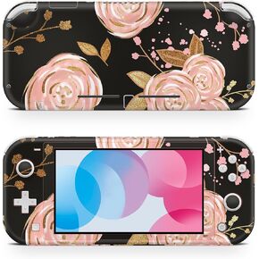 ZOOMHITSKINS Switch Lite Accessories, Compatible for Switch Lite Skin, Black Flowers Gold Leave Pink Rose Leaf Botanic Floral, 3M Vinyl, Durable & Fit, Easy to Install, Made in The USA