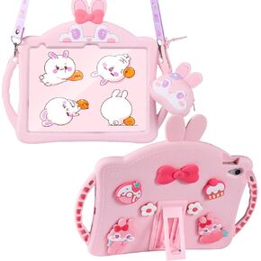 for iPad 10th Generation Case 10.9 Inch 2022 - Cute Cartoon Character 3D Unique Design for Girls Women Girly Soft Silicone Kickstand for iPad（A16）11th Generation 11 Inch 2025 with Strap(Pink)