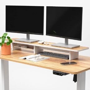 جهاز Fezibo Dual Monitor 43 بوصة موقف Riser-Monitor مع صينية القلم ، رف مكتب الخشب الصلب مع أرجل الفلين Eco للكمبيوتر/التلفزيون/الكمبيوتر/الطابعات ، البني Rustic Light