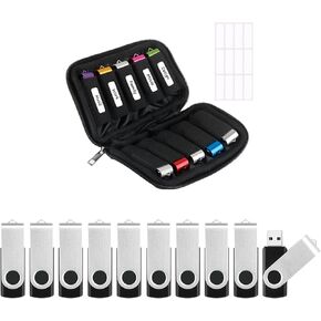 Flash Drive Case USB Storage Case with 32GB Thumb Drives 10 Pack, Portable Travel Electronics Bag USB Memory Stick Holder Computer Accessories Small Carrying Case with 12 Flash Drive Labels