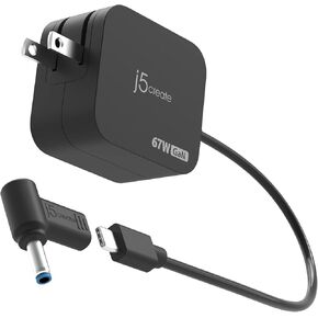j5create 65W GaN PD USB-C Foldable Mini Charger with HP DC Converter, Suitable for MacBook Pro/Air M2/M1, Dell XPS, HP, iPad Pro, Steam Deck, Laptops, Galaxy S22/S21/S20 (JUP1565)