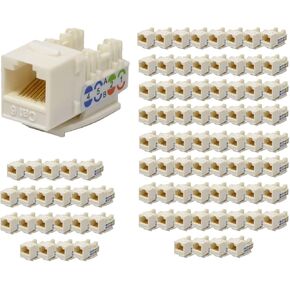 100 Pack Cat6 Keystone Ethernet Jack Punch Down 45 Degree White 110 8P8C RJ45