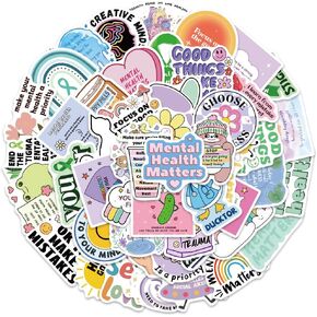 50Pcs Mental Health Matters Awareness Stickers Positive Quote Glitter DIY Holographic Vinyl Laptop Decal Kid Teens Adults Gift Journals Bottles Bumper Helmet Therapist Book Decorative Reward Stickers