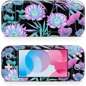 ZOOMHITSKINS Switch Lite Accessories, Compatible for Switch Lite Skin, Black Floral Aqua Chinese Purple Rose Lotus Neon Japan, 3M Vinyl, Durable & Fit, Easy to Install, Made in The USA