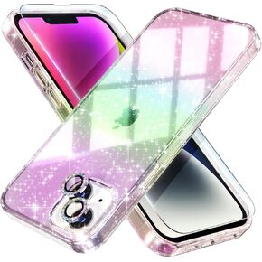 Choiche Compatible for iPhone 14 Plus Case Cute, Women Clear Glitter Bling Sparkly Case, [2 x Diamond Camera Lens Protectors] [2 x Tempered Glass Screen Protectors] 6.7-inch (Glitter Clear)