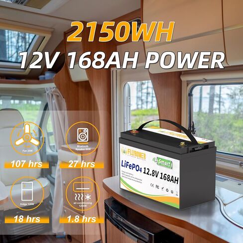 FLLYROWER Lithium Battery 12V 168AH With Smart BMS and 17000 Deep Cycles Lifepo4 Battery Grade A Cells for Marine Trolling Motor RV camping Solar Golf Cart Off-Grid in Saudi Arabia