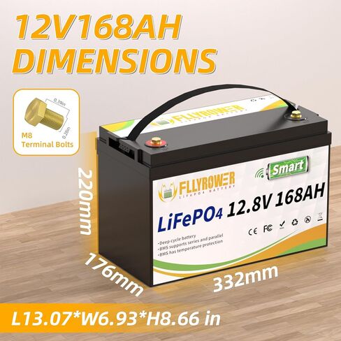 FLLYROWER Lithium Battery 12V 168AH With Smart BMS and 17000 Deep Cycles Lifepo4 Battery Grade A Cells for Marine Trolling Motor RV camping Solar Golf Cart Off-Grid in Saudi Arabia