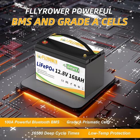 FLLYROWER Lithium Battery 12V 168AH With Smart BMS and 17000 Deep Cycles Lifepo4 Battery Grade A Cells for Marine Trolling Motor RV camping Solar Golf Cart Off-Grid in Saudi Arabia