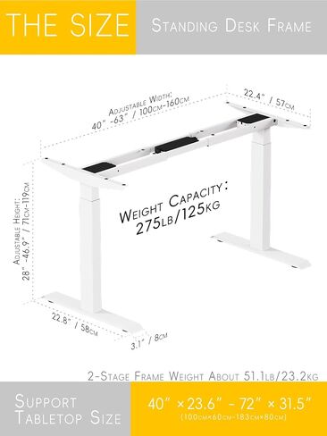 Standing Desk Frame 2 Stages with Smart Paddle Controller.Gyroscope Sensitive to collisions.Heavy Duty Adjustable Desk Frame for 40 to 72 inch Table Tops,Dual Motor,Load 275 lbs.White in Saudi Arabia