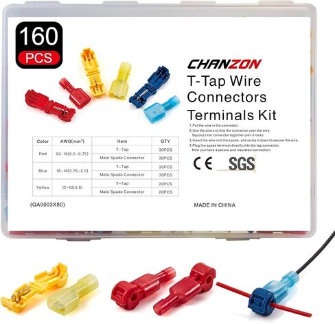 Chanzon 160 قطعة موصل سلك T-Tap وصلة سريعة - 12-10AWG - ذاتية التعرية (أصفر) فصل سريع PA عازل تجعيد طرفي من خلال اتصال الكابل (80 زوجًا) in Saudi Arabia
