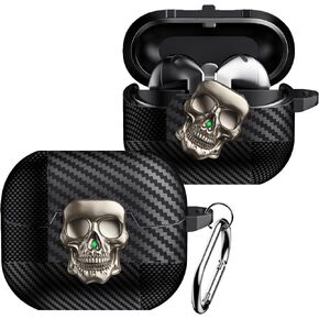 YSNZAQ Skull Design Case for Samsung Galaxy Buds3 / Buds3 Pro with Carabiner, Cool Carbon Fiber Grain Military-Grade Shockproof Earphone Case with Secure Lock Clip for Galaxy Buds 3 Pro KLT Black