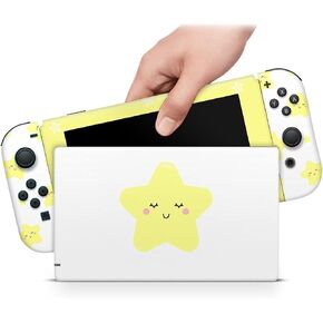 ZOOMHITSKINS Compatible for Switch Skin Cover Starry Cartoon Cute Kawaii Yellow Star Smiling White Vinyl Decal Sticker Wrap, Made in The USA