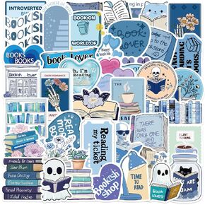 50Pcs Bookish Stickers for Kindle, Holographic Book Sticker Pack Reading Booktok Glitter Vinyl Decals for Laptop Ebook Readers Water Bottles Journal Scrapbook Waterproof (Blue)