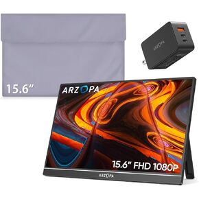 ARZOPA 15.6 Portable Monitor & Sleeve Bag & 65W USB C Charger Block Combination