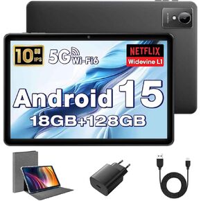 Android Tablet 10 inch Android 15 Tablets, 18GB RAM+128GB ROM+1TB Expand, Octa-Core 2.0GHz, 1280 * 800 IPS HD Display, 6000mAh, 5MP+8MP Camera, 5G+2.4G Wi-Fi/Bluetooth 5.4, Black