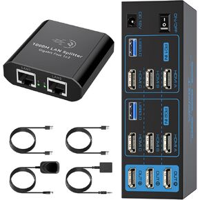 Ethernet Splitter 1 to 2 1000Mbps/KVM Switch 3 Monitors 2 Computers HDMI 4K60Hz USB3.0 KVM Switch 2 Ports with 4 USB Ports for 2 Computers Sharing Triple Monitor and One Gigabit Ethernet Port