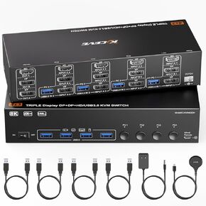 KVM Switch 3 Monitors 4 Computers 8K@60Hz 4K@144Hz,HDMI +2 Displayport Triple Monitor KVM Switch with 4 USB Ports for Keyboard Mouse,Support Extended/Copy Mode, with Wired Remote and 4 USB Cables
