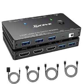 8K KVM Switch 1 Monitor 2 Computers 8K@60Hz 4K@120Hz, HDMI KVM Switch with 3 USB 3.0 Ports for 2 Computers Share 1 Monitor Keyboard Mouse Printer, with 2 USB Cables and Controller