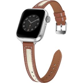 Silm Leather Canvas Bands Women Compatible with Apple Watch Band 38mm 40mm 41mm 42mm(S10) Grain Leather Fabric Strap Designer Thin Wristband for iWatch Series 10 9 8 7 6 5 4 3 2 1 SE Ultra