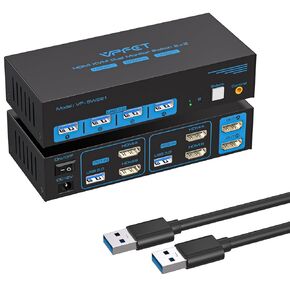 8K HDMI KVM Switch 2 Monitors 2 Computers Dual Monitor Support 8K@60Hz 4K@120Hz KVM Switcher PC Extended Display for 2 Port Share 4 USB 3.0 HUB Desktop Controller with USB 3.0 Cable