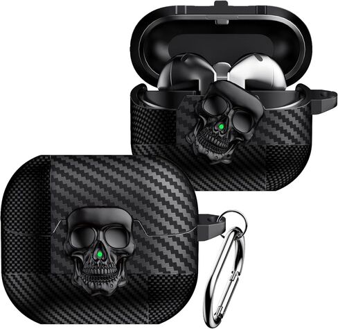 YSNZAQ Skull Design Case for Samsung Galaxy Buds3 / Buds3 Pro with Carabiner, Cool Carbon Fiber Grain Military-Grade Shockproof Earphone Case with Secure Lock Clip for Galaxy Buds 3 Pro KLT Black in Saudi Arabia