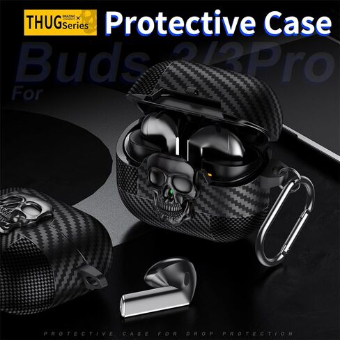 YSNZAQ Skull Design Case for Samsung Galaxy Buds3 / Buds3 Pro with Carabiner, Cool Carbon Fiber Grain Military-Grade Shockproof Earphone Case with Secure Lock Clip for Galaxy Buds 3 Pro KLT Black in Saudi Arabia