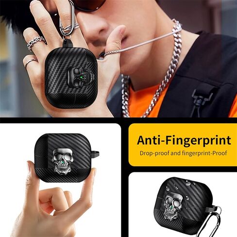 YSNZAQ Skull Design Case for Samsung Galaxy Buds3 / Buds3 Pro with Carabiner, Cool Carbon Fiber Grain Military-Grade Shockproof Earphone Case with Secure Lock Clip for Galaxy Buds 3 Pro KLT Black in Saudi Arabia