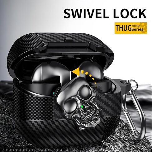 YSNZAQ Skull Design Case for Samsung Galaxy Buds3 / Buds3 Pro with Carabiner, Cool Carbon Fiber Grain Military-Grade Shockproof Earphone Case with Secure Lock Clip for Galaxy Buds 3 Pro KLT Black in Saudi Arabia