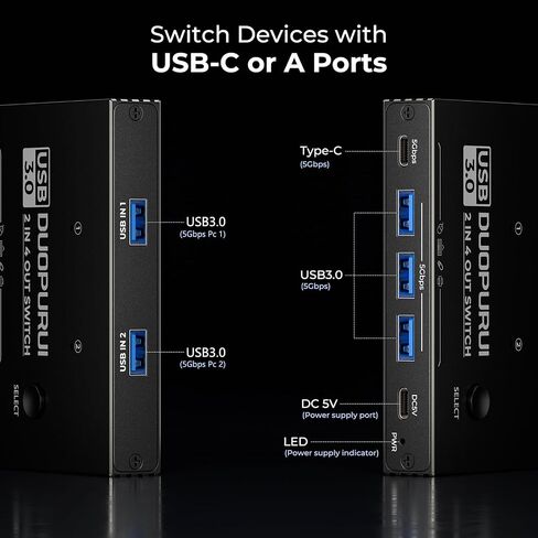 USB 3.0 Switch 2 Computers Sharing USB C & A Devices,Easy One-Click Device Switching with USB-C Cable & USB-A Cable,USB Switch Hub Share Keyboard Mouse Printer Scanner(USB3.0 2in4out) in Saudi Arabia