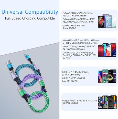 كابل شاحن USB A إلى USB C بطول 10 أقدام/3 عبوات لسيارة iPhone 15/15 Pro/15 Pro Max/15 Plus، سلك شاحن Android من النوع C شحن سريع لهاتف Samsung Galaxy A05S/A54/A53/A14/A13/A03S/S23 S22 الترا/S21/S20 in Saudi Arabia