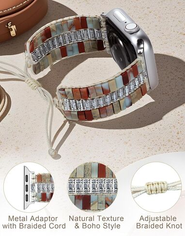 JR.DM Boho Beaded Natural Stone Bracelet for Women Compatible with Apple Watch Band 38/40/41/42/44/45/46/49mm, Handmade Braided Rope Strap for iWatch Series 10/9/8/7/6/5/4/3/2/1/SE, Agalmatolite in Saudi Arabia