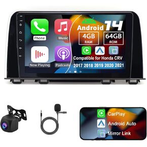 Android 14 Double Din Car Radio Compatible with Honda CRV 2017 2018 2019 2020 2021, 4G+64G 9" Touch Screen Car Stereo with Wireless Carplay Android Auto GPS WiFi Mic Backup Camera