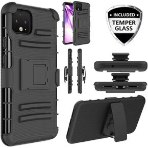 for Google Pixel 4 XL Belt Clip Case with Temper Glass Hybrid Holster, Jackpot Wireless Heavy Duty Shockproof Full Body Protective Cover with Kickstand and Swivel Belt Clip for Pixel 4XL (Camo)