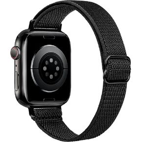 Thin Stretchy Nylon Band Compatible with Apple Watch Bands for Women 42mm 41mm 40mm 38mm, Soft Elastic Sport Solo Loop iWatch Bands for Apple Watch Series 10 Band 9 SE 8 7 6 5 4 3 2 1-Black