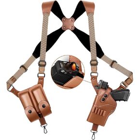 Leather Shoulder Holster for Men, 9mm Shoulder Holster for Concealed Carry, Compatible for 1911, Glock 17/19/23, Beretta 92FS and More Pistols with Optics Cut, Right Handed, with Magazine Pouches
