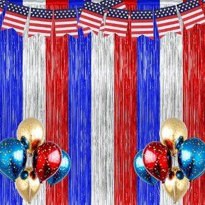 USA-Backdrop Independence-Day-Curtain 4th of July Decorations 3PCS 9.9×6.6ft Patriotic Tinsel Foil Fringe Curtains Backdrop Memorial America Party