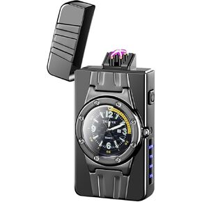 Rechargeable Windproof Plasma Lighter with Luxury Design LED Light 75° Slant Bar Fast USB Charging Auto Shut-Off – Perfect for Outdoor Adventures and Gifts(Gold Ice HEI)