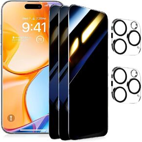 3 Pack Privacy Screen Protector + 2 Camera Lens 9H+ Full Cover Glass for iPhone 16 Pro Max Auto Alignment Kit 12FT Military Grade Shatterproof Anti Spy Tempered Longest Durable 6.9