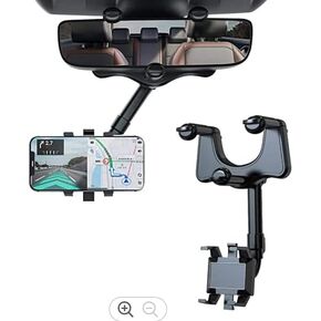 Phone Mount for Rear View Mirror, Hands Free, Compatible Apple + Samsung, 360 Degree, Rotatable and Retractable